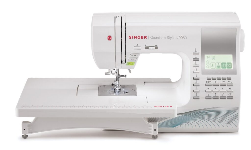 A Singer Quantum Stylist 9960 sewing machine on a white background, a top choice for buttonholes


