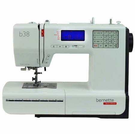 A Bernette B38 sewing machine with a white body and blue LCD screen, a top choice for buttonholes

