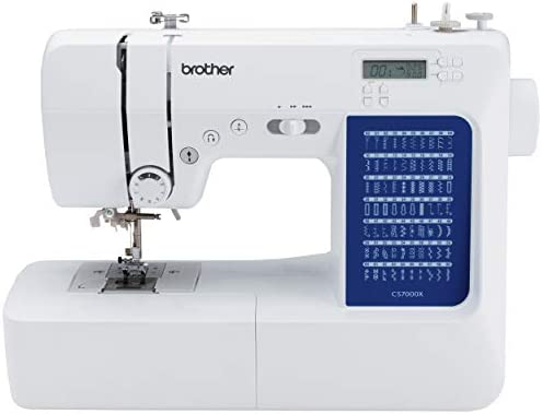Brother CS7000i, a sewing and quilting machine with a blue LCD screen, a built-in needle threader, and a drop-in bobbin, ideal for making bags