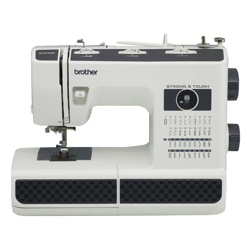 A white Brother ST371HD sewing machine with black and gray checkered pattern, ideal for leather and denim.
