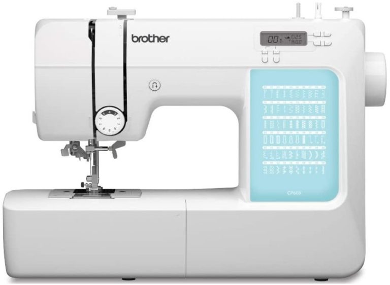 A Brother CS7000X Sewing Machine with a blue LCD screen and a large sewing area. The image is related to an article about the best sewing machines for cosplay.