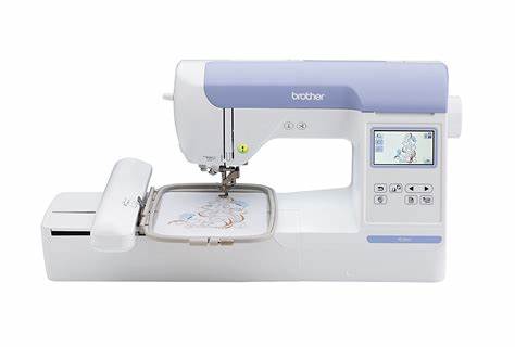 A white Brother PE800 sewing machine with an LCD screen and an embroidery hoop for monogramming.