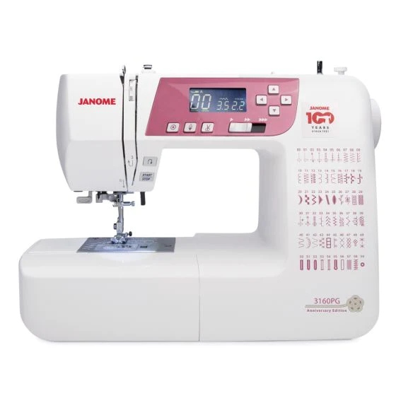 A white Janome 3160PG 100 Anniversary Edition sewing machine with a digital control panel, a top choice for making wigs