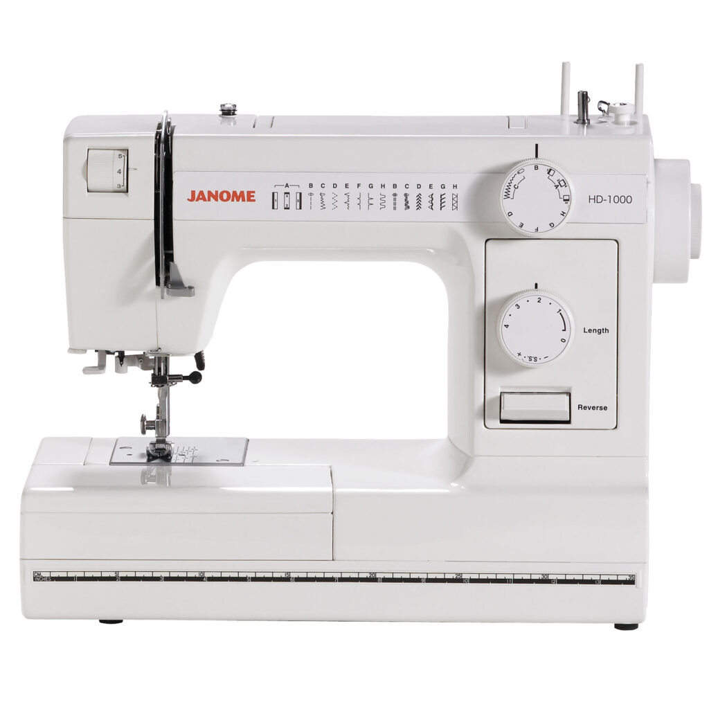 The Janome HD-1000 sewing machine, a heavy-duty and durable sewing machine with 14 built-in stitches and a free arm, on a white background
