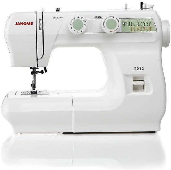 The Janome 2212 Sewing Machine, a beginner-friendly sewing machine with a green display and a selector dial, on a white background