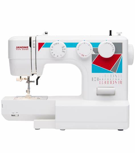 The Janome MOD-19 Sewing Machine, a modern and versatile sewing machine with 19 built-in stitches and a four-step buttonhole, on a gray background