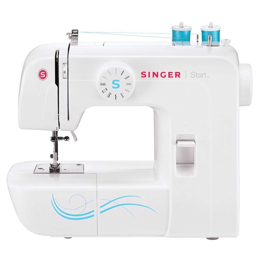 Singer Start 1304, a white and blue sewing machine with multiple stitch options. One of the best sewing machines under $150