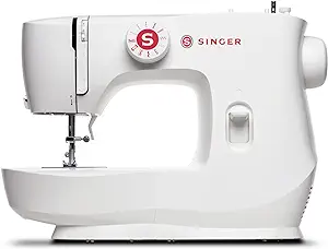 Singer MX60, a white and red sewing machine with a curved base and a red “S” logo. One of the best sewing machines under $150