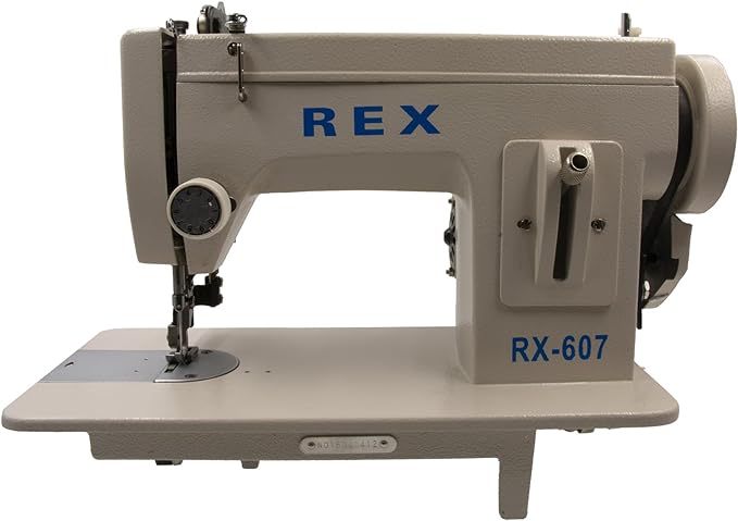 REX Portable Walking-Foot Sewing Machine, a gray sewing machine with a blue logo and a foot pedal, one of the best sewing machines for canvas and leather