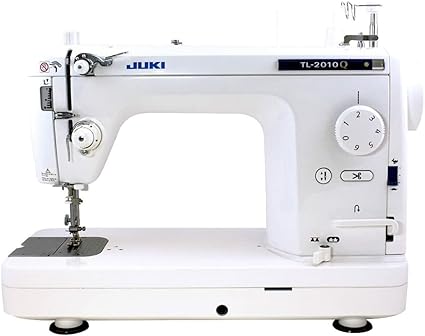 A white Juki TL-2010Q mid-arm sewing machine, perfect for leather and denim, on a white background
