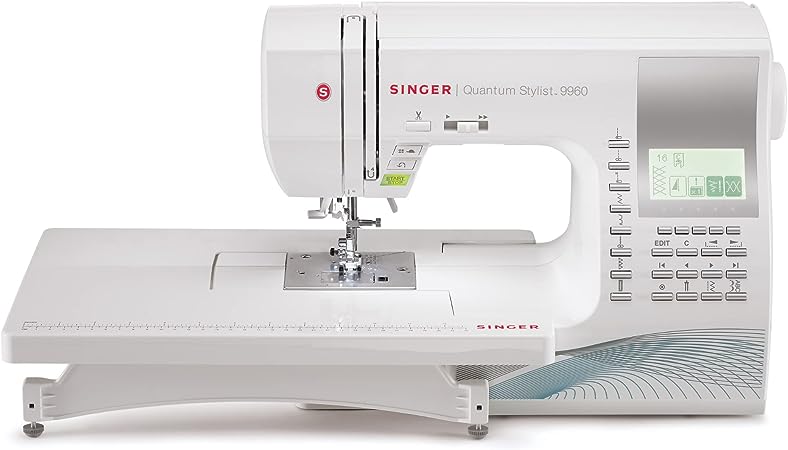 A Singer Quantum Stylist 9960 sewing machine with a large LCD screen and an extended table, a feature-rich and user-friendly machine for sewing silk fabric.