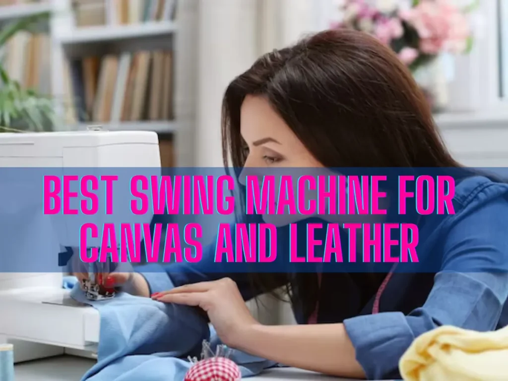 A person using a sewing machine to stitch canvas and leather materials