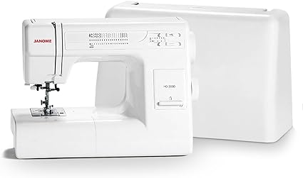 A white Janome HD3000 Heavy-Duty Sewing Machine with a modern design and a cover on the right side
