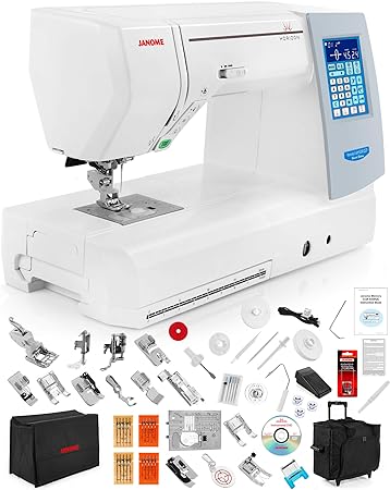 A Janome Memory Craft Horizon 8200 QCP Computerized Sewing Machine with a blue screen and a black carrying case, a powerful and versatile machine for sewing silk fabric.