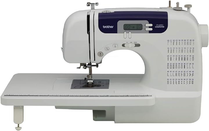 A white Brother CS6000i sewing machine with a digital display and extended table, ideal for crafting durable and stylish dog collars.