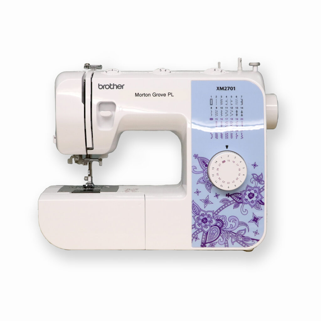 A compact and efficient Brother XM2701 Sewing Machine with a floral design, perfect for all your small and intricate sewing projects.