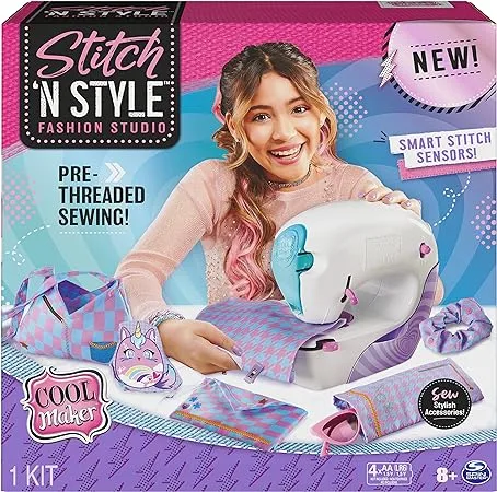 A child using the Cool Maker Sew Cool sewing machine, a kid-friendly, pre-threaded sewing kit for creating stylish and fashionable designs, perfect for beginners.