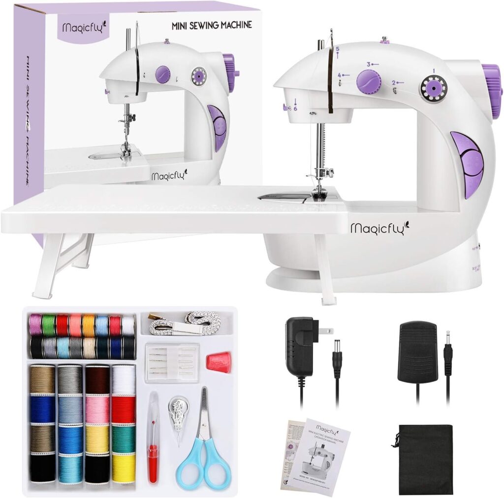 Magicfly Mini Portable Sewing Machine displayed with its colorful accessories, showcasing its compact design and versatility, perfect for small sewing projects.