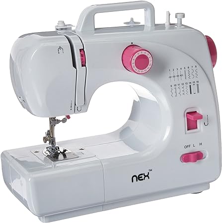 A compact and user-friendly NEX sewing machine with white body and pink accents, perfect for kids learning to sew. Features easy-to-use dials and buttons, making it a top choice for beginners.