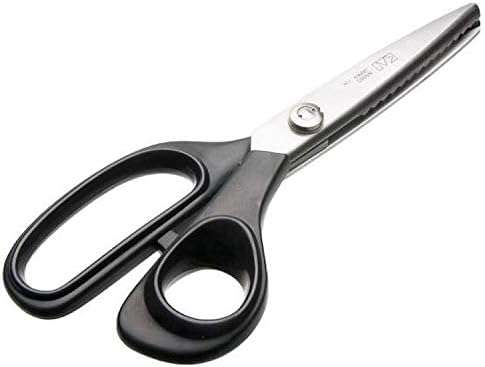  A pair of Kai pinking shears with stainless steel blades and black handles on a white background with the text "KAI 5350 9"/230mm" engraved on one blade