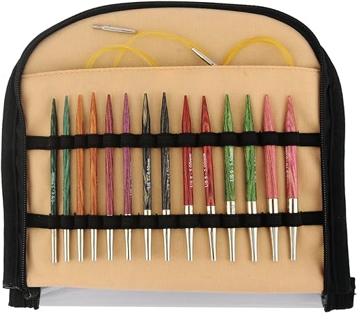 A set of colorful wooden knitting needles with metallic tips and yellow cables in a beige case

