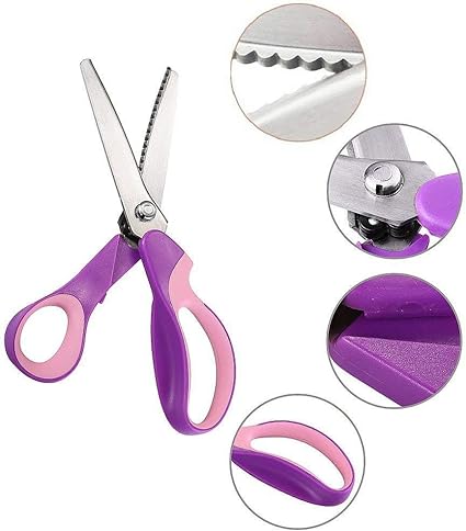 A pair of pinking shears with ergonomic purple handles, designed for precise cuts, showcased with close-ups of the zigzag cutting edge and comfortable grip, perfect for sewing enthusiasts in 2024.

